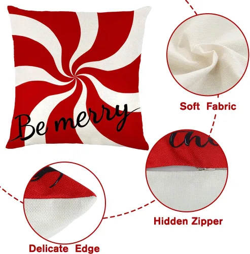 Vista 3 de Vellibring - Juego de 4 fundas de almohada de Navidad con diseño de caramelos, 45 x 45 cm, rojo y blanco, fundas de almohada para sofá, decoración