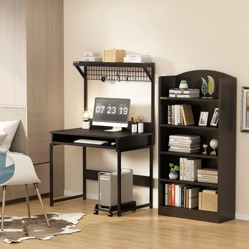 Vista 4 de Escritorio para computadora con gabinete y estantes de almacenamiento, escritorio de 31.5 pulgadas con bandeja para teclado y panel de malla Marrón