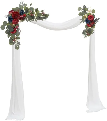 Vista 2 de Botín de flores artificiales rojas (juego de 2) para letrero de bienvenida, arco de boda, decoración floral, decoración de boda, ceremonia, Borgoña