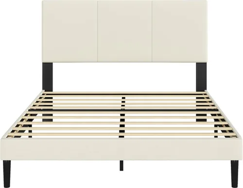 Vista 8 de IOILORI Base de cama de tamaño matrimonial con cabecera tapizada, listones de madera resistentes, no requiere somier, silencioso, fácil montaje Beige