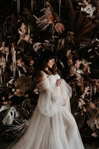 Vista 5 de SUOLUOS Vestidos de maternidad de tul perlado para sesión de fotos, hombros descubiertos, lencería nupcial, vestidos de embarazo para baby shower