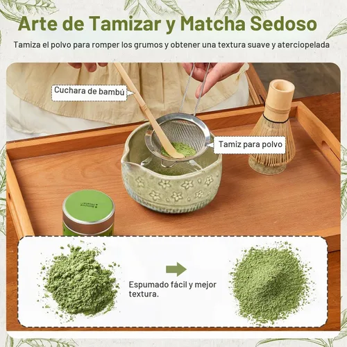 Vista 4 de Juego de 5 batidores de matcha, cuenco de 18 onzas con boquilla, kit de batidores de matcha de ceremonia japonesa, batidor de bambú 100% natural