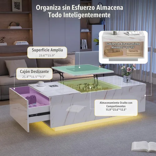 Vista 6 de Mesa de centro LED, mesas de centro elevables de 47.2 pulgadas con cajones y gran almacenamiento, mesa inteligente para sala de estar con carga