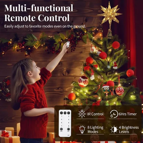 Vista 5 de Lewondr Decoración para árbol de Navidad, enchufe 3D Starburst iluminado A-champán Oro