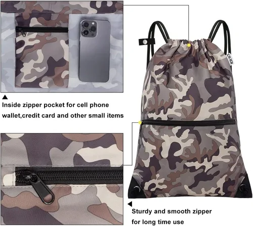 Vista 4 de CALACH Mochila deportiva con cordón, bolsa de gimnasio para yoga, viajes, para mujeres y hombres, tamaño grande con bolsillos con cremallera, MARRÓN