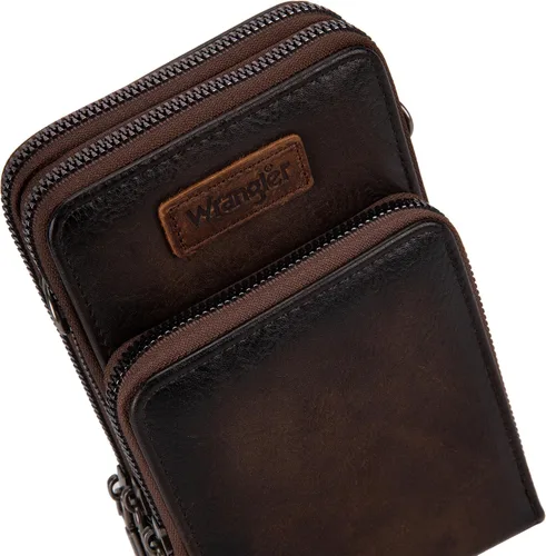 Vista 5 de Wrangler Bolsos cruzados pequeños para mujer, bolso cruzado para teléfono celular, cartera con ranuras para tarjetas de crédito WG117-207CF, B Café