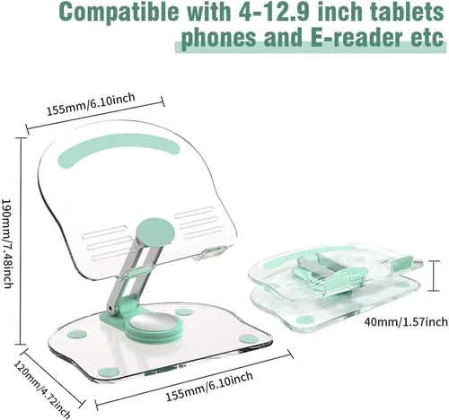 Vista 2 de Soporte acrílico para tablet con base giratoria de 360°, soporte plegable ajustable transparente para escritorio, oficina en casa, compatible