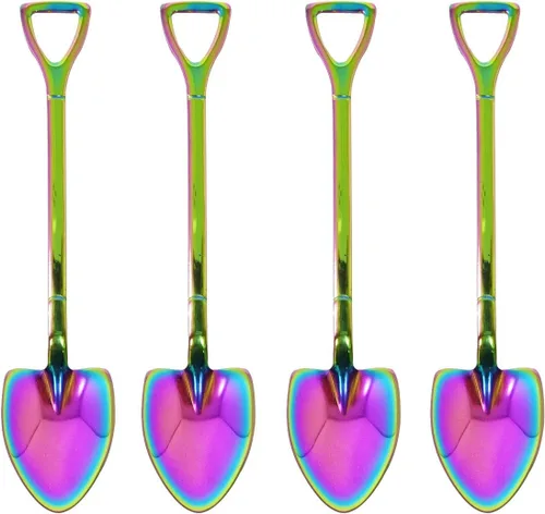 Vista 10 de Honbay 4 cucharas de postre de helado de café con forma de pala de oro de acero inoxidable para el hogar y fiesta (dorado) (negro)