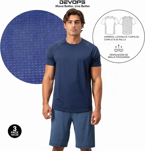 Vista 4 de DEVOPS Paquete de 3 camisetas atléticas de manga corta para hombre que Carbón / azul marino / acero