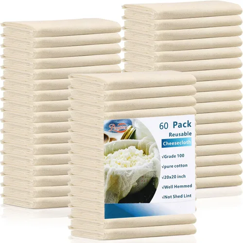 Vista 8 de Peryiter 40 paños de queso de 20 x 20 pulgadas para colar estopilla de grado 100 para colar con dobladillo de algodón sin blanquear, bolsas de tela