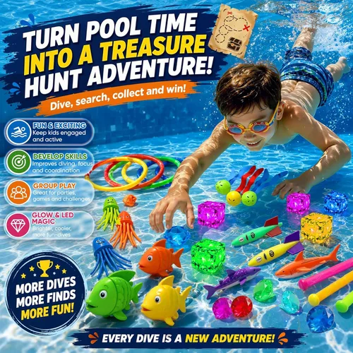 Vista 4 de JoyX - Juego de 35 piezas de juguetes de buceo para piscina con cubos LED, gafas y bolsa de transporte Glow-in-the-dark toys, 5 LED light-up
