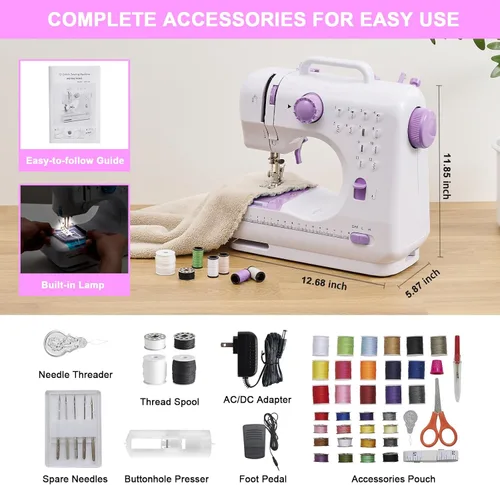 Vista 7 de Máquina de coser para principiantes y niños, mini máquinas de coser portátiles con 12 patrones de puntada incorporados, pedal de pie de 2