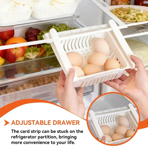 Vista 5 de Cyrank Organizador de cajones para refrigerador, cajón ajustable para refrigerador, caja de almacenamiento retráctil para refrigerador, estante