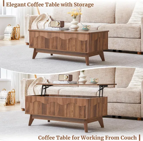 Vista 8 de BERRYMERRY Mesa de centro elevable con almacenamiento oculto, mesa de centro acanalada de granja con perfil ondulado, mesa central rectangular