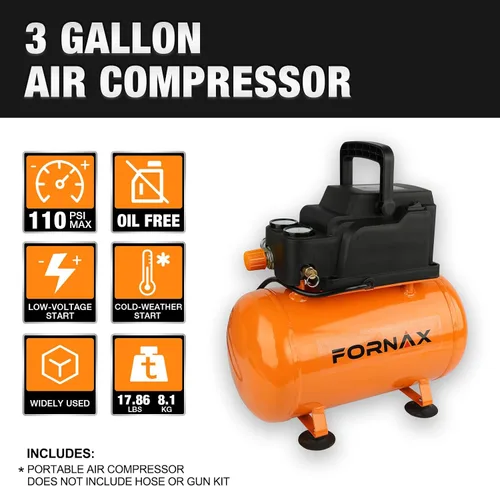 Vista 6 de FORNAX Compresor de aire portátil de 3 galones, compresor de aire para perritos calientes de 110 PSI, sin aceite