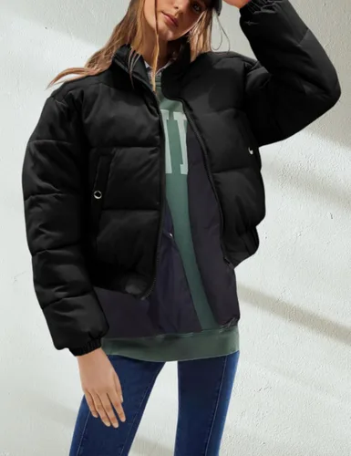 Vista 3 de Hooever Chaqueta corta para mujer, cuello alto, con cremallera completa, abrigo de burbujas