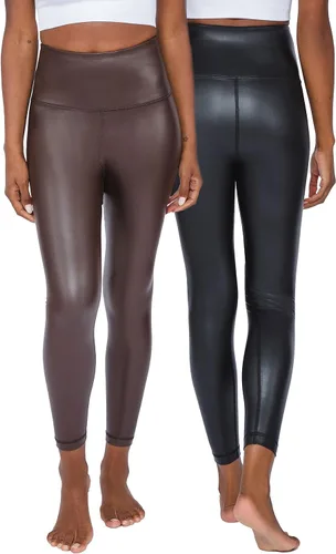 Vista 8 de 90 Degree By Reflex Leggings de cintura alta con forro polar de piel sintética de alto brillo y elástico 2 por paquete negro/negro