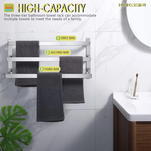 Vista 5 de KOKOSIRI Toalleros de baño de 3 niveles, escalera, toalleros, soportes para toallas de pared, estantes de acero inoxidable cepillado, B5006BR-L24