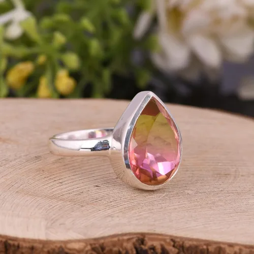 Vista 12 de PANOPLY Bio Pink Doublet Quartz Solid 925 Sterling Silver Ring for Women