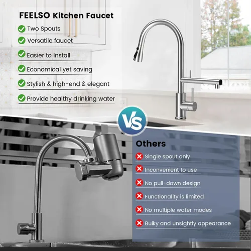 Vista 5 de FEELSO Grifos de cocina, grifo de cocina con filtro de agua mejorado con rociador desplegable, acero inoxidable níquel cepillado arco alto grifo