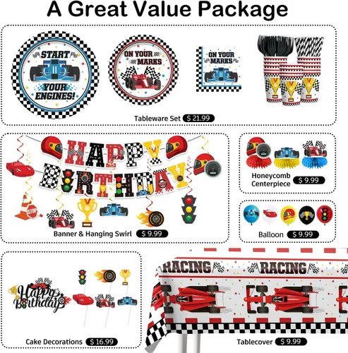 Vista 3 de Juego todo en uno de 195 piezas de decoración de fiesta de cumpleaños de coche de carreras, juego de platos y servilletas con pancarta, telón
