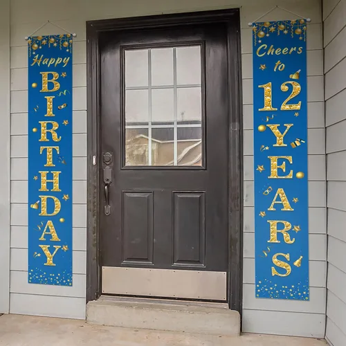 Vista 3 de Cartel de feliz cumpleaños número 12 para porche, decoración azul – Decoración temática de fiesta de bienvenida a los 12 años para niños y niñas