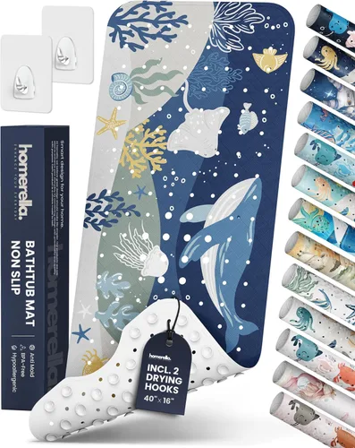 Vista 33 de Homerella - Alfombrilla de baño antideslizante y antideslizante para niños, 40 x 16 pulgadas, sin BPA, incluye 2 ganchos, tapete de ducha lavable