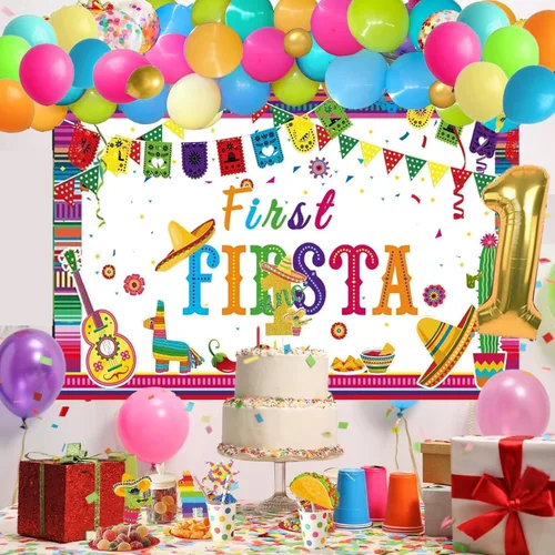 Vista 7 de Decoraciones de cumpleaños de primera fiesta, temática mexicana, decoración de fiesta de 1er uno, telón de fondo, globo, foto mensual, cartel