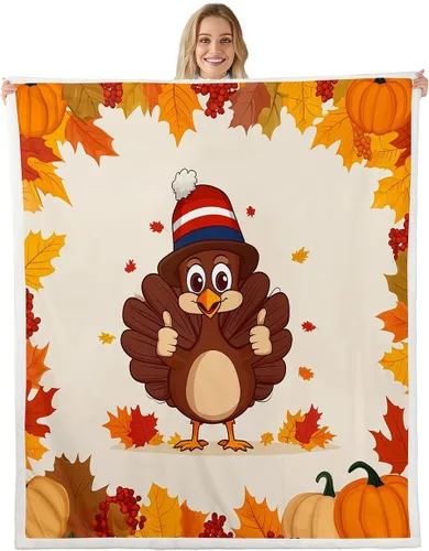 Vista 14 de Manta de temporada de otoño para niños y niñas, bonito forro polar de conejo de dibujos animados, regalos de feliz día de Acción de Gracias