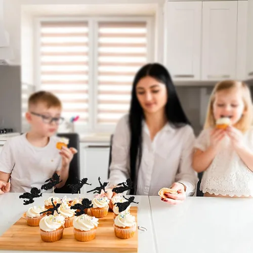 Vista 7 de Gyufise Paquete de 24 adornos para cupcakes con purpurina negra que nunca crecen para cupcakes en P Pan para baby shower Never Grow Up