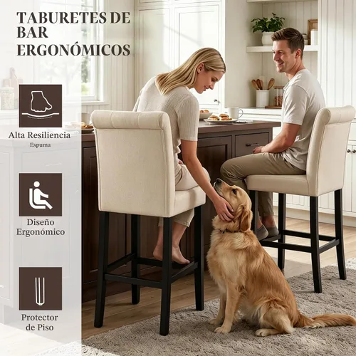 Vista 3 de GOTMINSI Taburetes de tela beige de 24 pulgadas, juego de 2 sillas tapizadas de altura de mostrador con decoración copetuda de estilo ocio