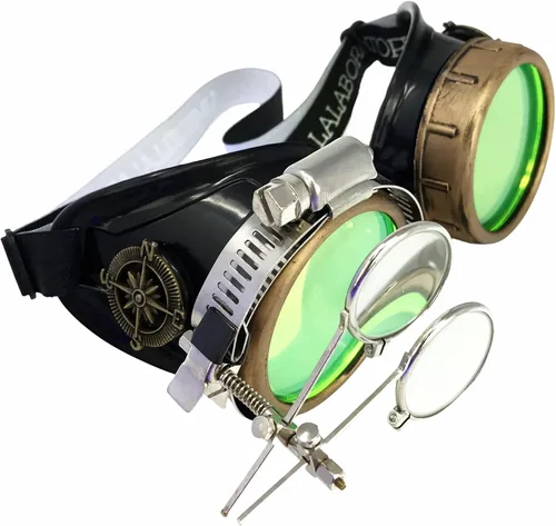 Vista 15 de Lentes estilo victoriano Steampunk con diseño de brújula, lentes de colores y lupa ocular