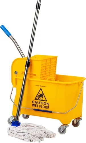 Vista 9 de Mind Reader Cubo para trapeador con escurridor, 22 cuartos (5.5 galones), limpieza de pisos, mango, ruedas, 16.25"L x 10.75"W x 24.5"H, amarillo