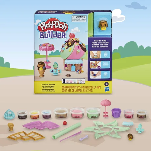 Vista 9 de Play-Doh Builder - Kit de construcción de juguete para helado para niños de 5 años en adelante con 8 latas de compuesto de modelado no tóxico, fácil