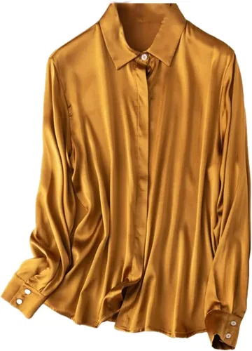 Vista 11 de Women's Satin Silk Buttons Down Long Sleeve Solid Dress Shirts Top Soft Blouse Collar Office Work