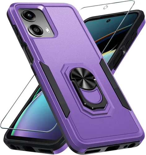 Vista 25 de Funda diseñada para Motorola Moto G 5G 2024 con soporte de anillo de metal integrado Protector de pantalla de vidrio templado, funda resistente