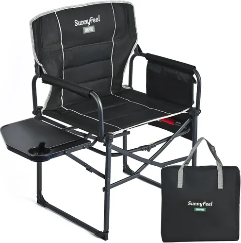 Vista 11 de SUNNYFEEL Silla de Directores de Camping, Silla Plegable Portátil de Gran Tamaño con Mesa Lateral, Bolsillo para Playa, Pesca, Viaje, Picnic