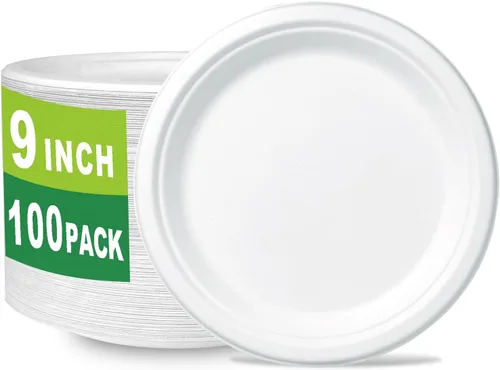 Vista 7 de CantaGreen Platos de postre pequeños compostables de 6 pulgadas, 100 platos de papel desechables biodegradables de caña de azúcar/bagazo y fibra