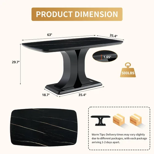 Vista 3 de Juego de mesa de comedor moderno para 4, juego de sillas de mesa de cocina de mármol sintético, mesa rectangular de MDF de 63 pulgadas, sillas Negro