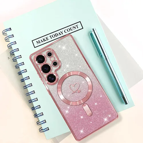 Vista 721 de Bonoma - Funda compatible con Samsung Galaxy S21 Plus, diseño de corazón con purpurina, color rosa Support for MagSafe, Plating Magnetic Case TPU