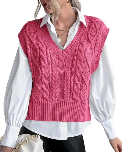 Vista 10 de Chaleco de suéter para mujer Lueluye V cuello sin mangas de punto sólido casual acanalado estilo preppy Beige