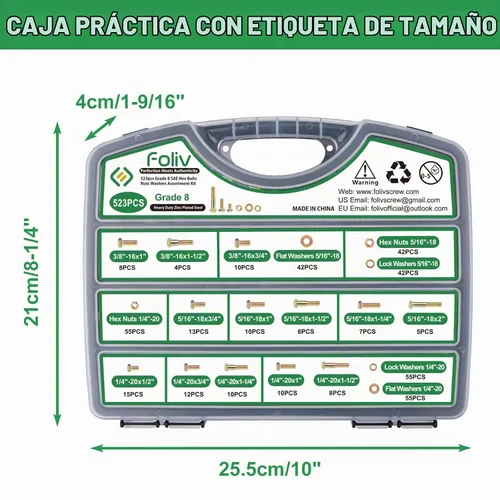 Vista 6 de FOLIV Kit surtido de 523 tornillos y tuercas de grado 8, surtido de tuercas y pernos resistentes, pernos hexagonales SAE 1/4-20 5/16-18 3/8-16