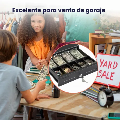 Vista 5 de Volcora Cajón manual de 13" para caja registradora con apertura por presión para sistema de punto de venta (POS), cajón resistente color negro con 4