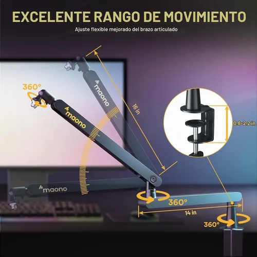 Vista 4 de MAONO Brazo de Micrófono de Pluma, Brazo de Micrófono de Bajo Perfil con Canales de Gestión de Cables, Abrazadera de Montaje de Escritorio