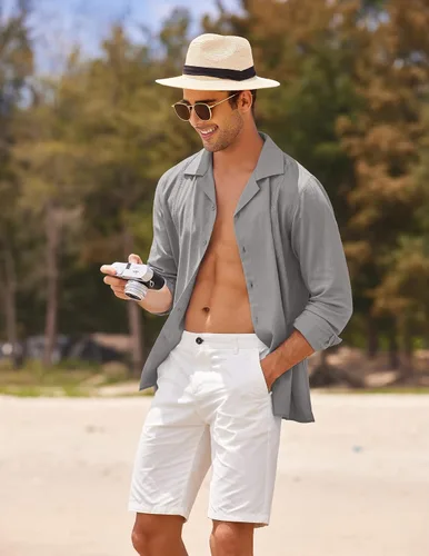Vista 2 de COOFANDY Mens Linen Shirt Casual Cuban Guayabera Long Sleeve Button Down Beach Shirts
