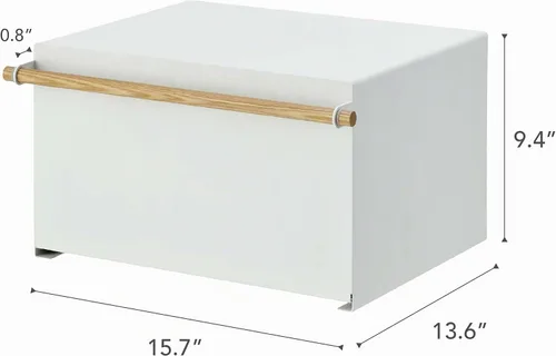 Vista 8 de YAMAZAKI Caja de Pan Moderna para el Hogar – Contenedor de Almacenamiento de Pan de Acero + Madera para Encimera, Caja de Pan Grande Blanca