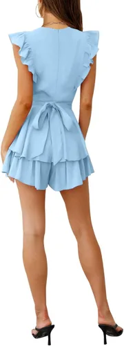 Vista 5 de AIMCOO Enterizo de manga con vuelo y encaje de ganchillo para mujer, vestido con cuello redondo y lazo en la cintura, overoles cortos con volantes