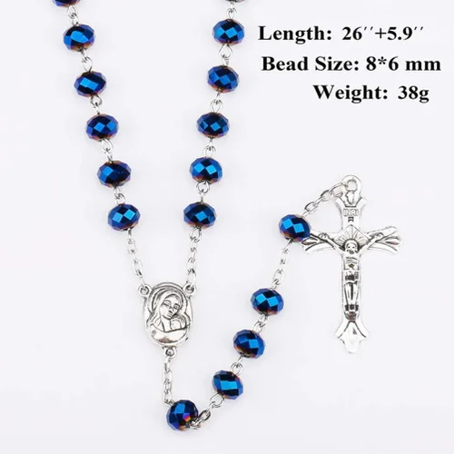 Vista 2 de Collar católico de rosario de cuentas de cristal azul profundo, oración católica Jerusalén Medalla del suelo sagrado cruz tierra santa antigua