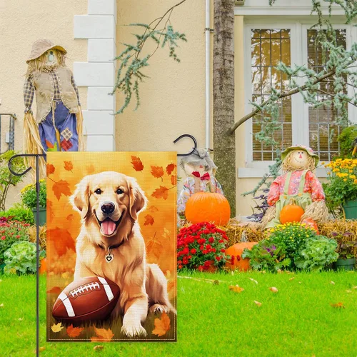 Vista 2 de Balgardekor Bandera de jardín de otoño de fútbol Golden Retriever para exteriores, bandera de arpillera de bienvenida para exteriores, decoración