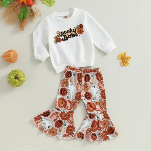 Vista 2 de DuAnyozu Traje de Halloween para bebé niña, camiseta de manga larga, camiseta con letras de calabaza, pantalones de campana, ropa de otoño + diadema